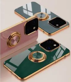 iphone1３ケース  エメラルドカメラ保護 リング 付 メッキ 加工ケース