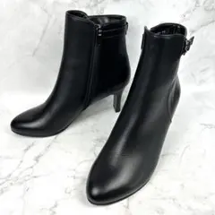 銀座かねまつ サイドジップ シボ加工 ショートブーツ レザー ブラック