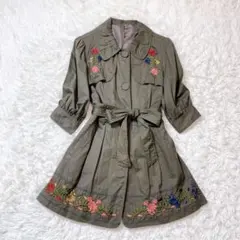 トレンチコート　ワンピース　刺繍　花柄　ウエストリボン　レトロ