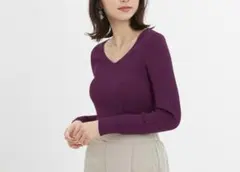 GU ワイドリブVネックセーター　パープル　S