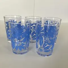 レトロ 青い花柄のガラスコップ5個セット