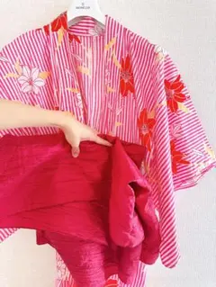 浴衣・帯セット ピンクと赤のストライプ 百合 祭り お祭り