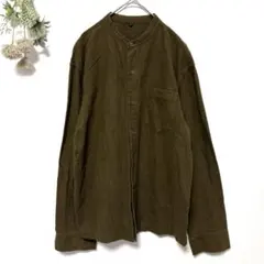 無印良品｜美品✨フランネルスタンドカラー長袖シャツ｜ノーカラー｜カーキ｜L｜深緑