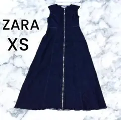 【ZARA】ネイビー ノースリーブ ロング フレア デニムワンピース XS
