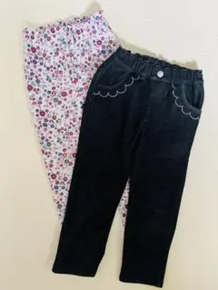 Bebe＆ベルメゾン　裏起毛　花柄と黒のロングパンツセット　100
