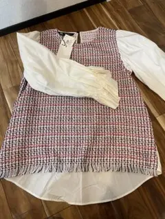 新品　ZARA ツイードチェックバルーンスリーブシャツ