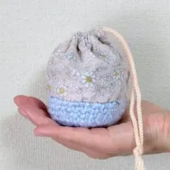ミニ巾着袋〈ブルー底・ピンクひも〉　小物入れ　ハンドメイド