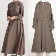 grove グローブ プリントタックシャツワンピース　M ノーカラー　ブラウン