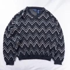 ビンテージ古着 90s00s Vネック 幾何学 アート モノトーン 総柄ニット