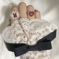 ぷっくりハート＆ラビットリングセット(レッド)