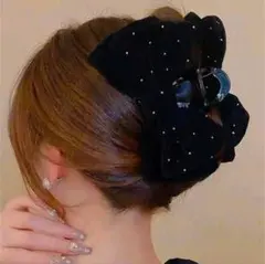 バンスクリップ　リボン　ベロア　パール　ヘアクリップ　韓国　バレッタブラック