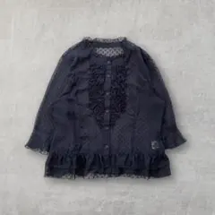 シフォンブラウス シアー シースルー ドット フリル 七分袖 大きめ フェミニン