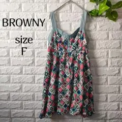 【ブラウニー】チュニック 膝丈ワンピ サイズF 幾何学模様 ノースリーブ 総柄