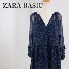 ザラベーシック　小花柄　ドット　水玉　総柄　フリル　長袖ワンピース【3972】