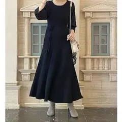 MERCURY DUO長袖ワンピースフレア異素材スリーブフレアニットブラック