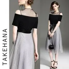 パーティードレス　バイカラー　レース　膝下ワンピース　体型カバー　結婚式