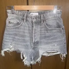 ZARA デニムショートパンツ　ダメージ加工　グレー　⑥