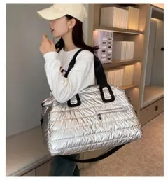 1235シルバー キルティング ボストンバッグ ショルダー 旅行トート 2way