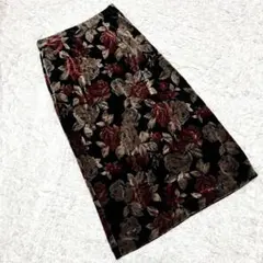 美品（L）花柄タイトロングスカート ブラック系 ウエストゴム