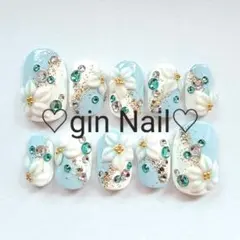 和柄　スカイブルーネイル　ネイルチップ　成人式　卒業式　袴　振袖　前撮　着物