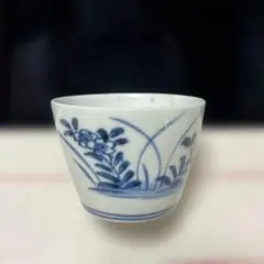 古伊万里　染付　猪口　蕎麦猪口　撫子　江戸時代　骨董　金継ぎ　アンティーク 古伊万里 染付 撫子 氷裂文 そば猪口 猪口 江戸 骨董 アンティーク 金