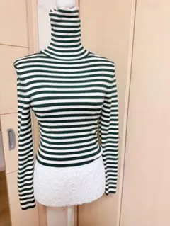 緑と白のストライプ タートルネックセーター