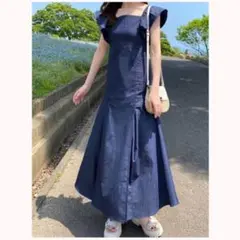 GRL ラッフルタックデニム風フレアワンピース デニム ワンピース