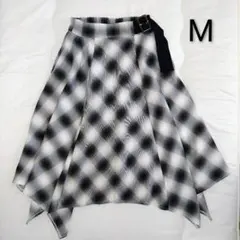 ロングスカート★チェック柄アシンメトリー フレアスカート ベルト付き★M