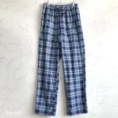 フリースパンツ チェック柄 イージーパンツ 防寒 レディース L 青 ブルーのサムネイル