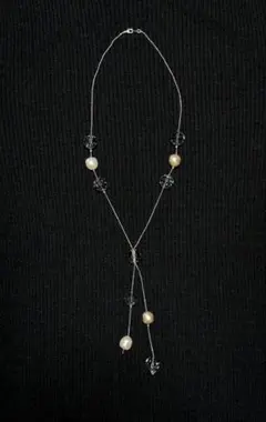 クリアビーズとパールビーズのロングタッセルネックレスハンドメイド