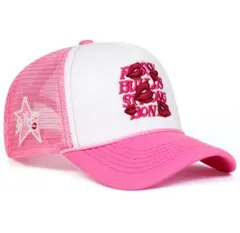 ラロパ系　リップ刺繍トラッカーキャップ ピンク メッシュ Y2K