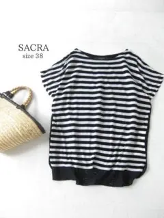 美品 SACRA カットソー 半袖 ボーダー柄 薄手38(M)ブラウス ゆったりのサムネイル