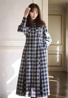 Checkered Pleats Long Shirt DressブラックM