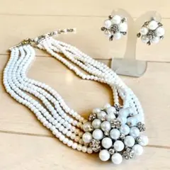 ホワイトパール ネックレス チョーカー ピアス お花 5連パール