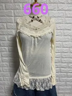 axes femmeアイボリー 長袖 Tシャツ レース装飾660