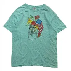 90s デルタ 星条旗花瓶 アートTシャツ メンズ L ターコイズ ヴィンテージ