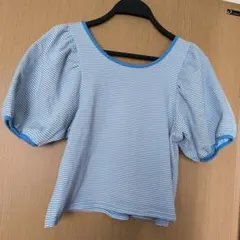 水色と白のストライプ パフスリーブTシャツ