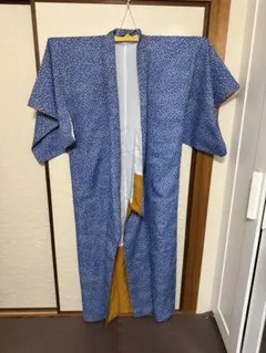 青色とオレンジの花柄 洗える着物