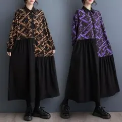 超人気商品 レトロ シャツワンピース 体型カバー 切り替え プリント 3色展開