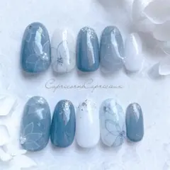 サイズオーダー⧉くすみ ブルー レース フラワー ネイル チップ ブライダル