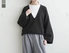 SOLAMONATウエハースニットワイドスリーブVネックプルオーバー