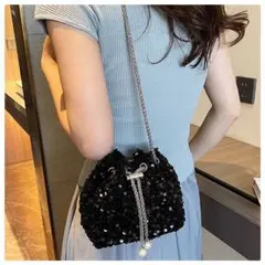 スパンコール 巾着 パーティバッグ キラキラ ショルダー 結婚式 お呼ばれ 黒