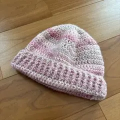ハンドメイド　ピンクとクリームのストライプニット帽