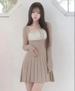 Darich ネックリボンデザインフレアニットミニワンピース