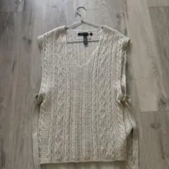 ミズイロインド　ベージュ ケーブル編み Vネック ニットベスト