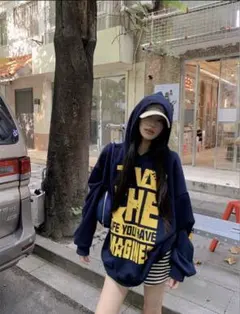 SHEIN ロゴプリントパーカー ネイビー M