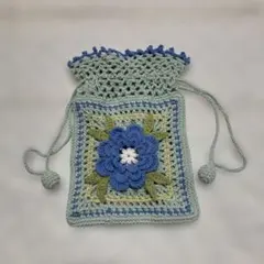 ハンドメイド　コットン　かぎ針編み 花モチーフ 巾着袋　小物入れ