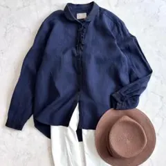 中川政七商店 手織り麻フリルブラウス リネン 丸襟 濃紺 ネイビー uu0