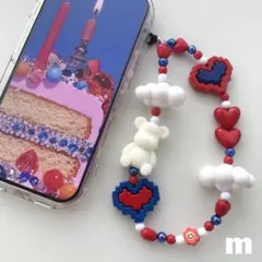 ハンドメイドビーズストラップ♡ブルー×レッド