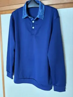 ネイビー 長袖ポロシャツ チェック襟　３Ｌ